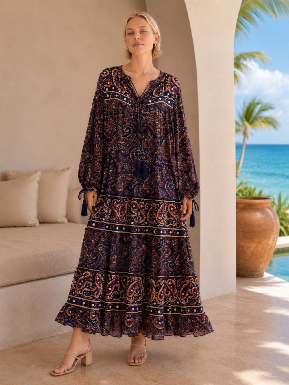Miss June Boho Navy Paisley Tiered Long Sleeved Maxi Dress 0S